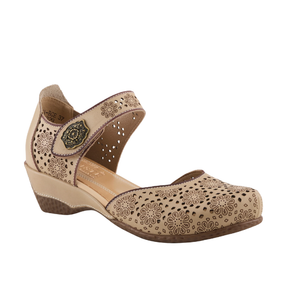 SPRING STEP Americana Beige Multi: women's wedge sandals with ankle strap, low heel & button—perfect for spring.