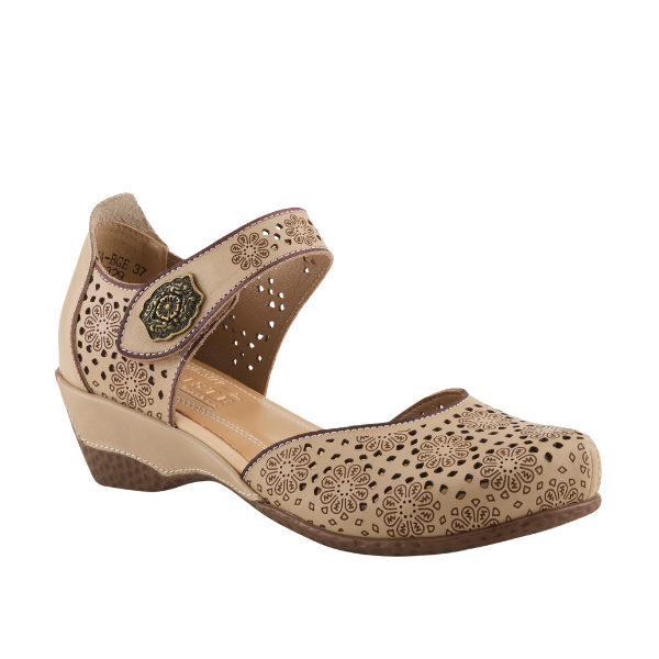 SPRING STEP Americana Beige Multi: women's wedge sandals with ankle strap, low heel & button—perfect for spring.