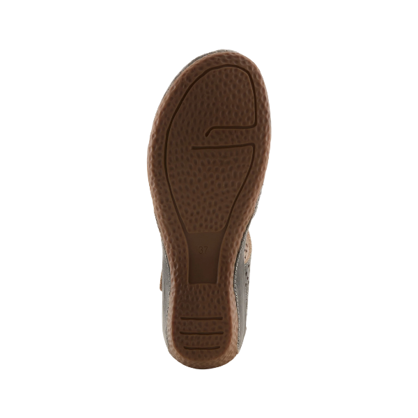 The textured brown sole of the SPRING STEP SpringStep Women's Americana Black Multi sandal, size 37, viewed from below.