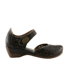 SPRING STEP SpringStep Women's Americana Black Multi: black Mary Jane with floral cutouts, low wedge, and floral buckle strap.