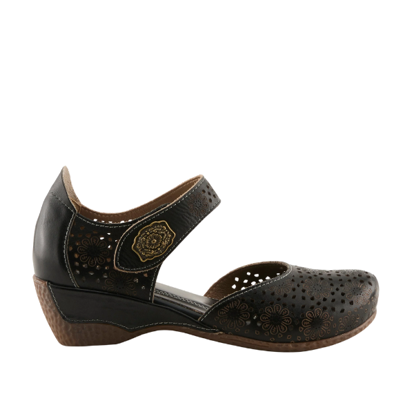 SPRING STEP SpringStep Women's Americana Black Multi: black Mary Jane with floral cutouts, low wedge, and floral buckle strap.