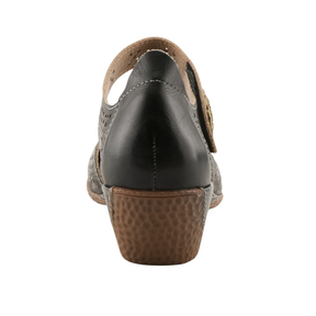 A back view of the SPRING STEP SpringStep Women's Americana Black Multi wedge sandal with a textured sole and cutout upper.