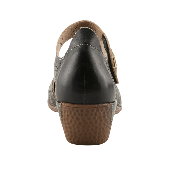 A back view of the SPRING STEP SpringStep Women's Americana Black Multi wedge sandal with a textured sole and cutout upper.