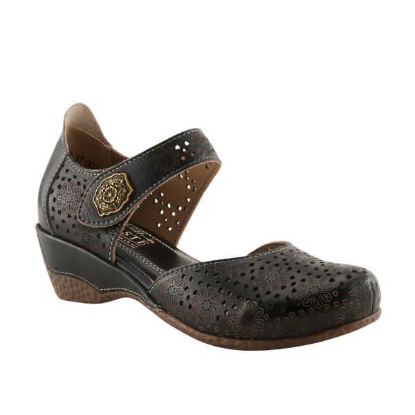 SPRING STEP SpringStep Women's Americana Black Multi wedge sandal with floral cutouts and a gold medallion detail.