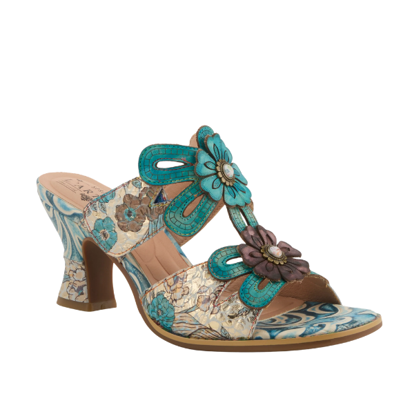 The SPRING STEP SpringStep Women's Alania Turquoise Multi is a handpainted leather sandal with floral designs and patterned sole.