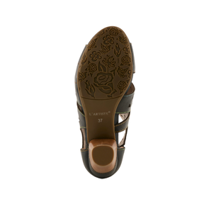 Bottom view of SpringStep Women's Icon Black sandal has a floral sole with "SPRING STEP 37" printed in the center.