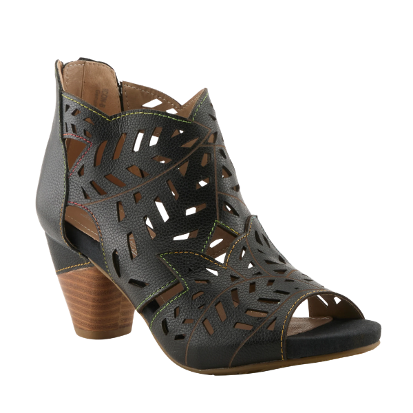 SPRING STEP SpringStep Women's Icon Black: leather sandal with cutouts, wood-textured heel, and decorative stitching.