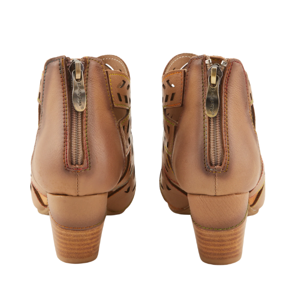 Back view of SPRING STEP SpringStep Women's Icon Tan sandal with cutouts and heel zippers.
