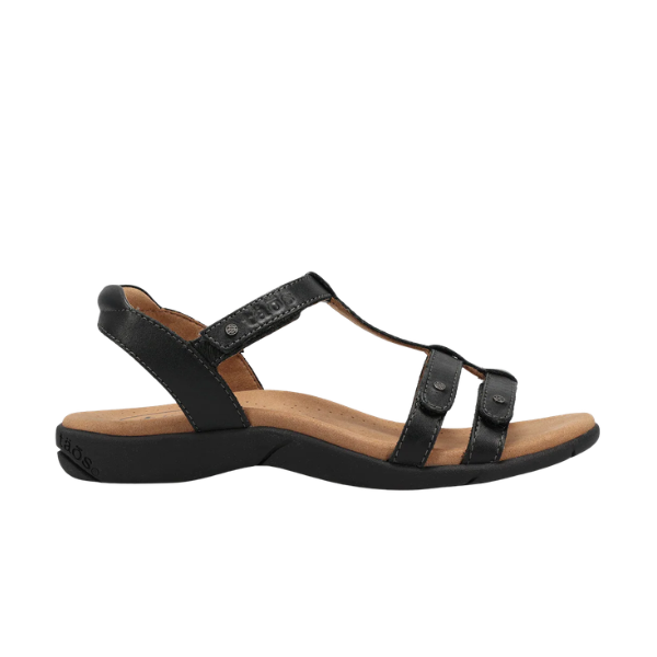TAOS Taos Women's Trophy 2 Black Emboss sandal with arch support, cushioned sole, and adjustable straps shown side view.