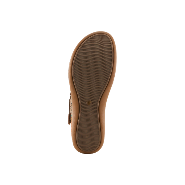 The bottom view of the SPRING STEP SpringStep Women's Script Tan Multi sandal shows its textured rubber sole on white.