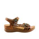 SPRING STEP SpringStep Women's Script Tan Multi sandal features floral accents, ankle/toe straps, and embossed wedge sole.