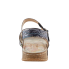 Rear view of SPRING STEP SpringStep Women's Popular Black Multi sandal with floral strap and tan sole with visible stitching.