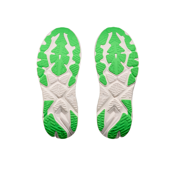 Two HOKA Arahi 8 men's soles in mineral blue/washed, shown side by side, feature white and green tread.