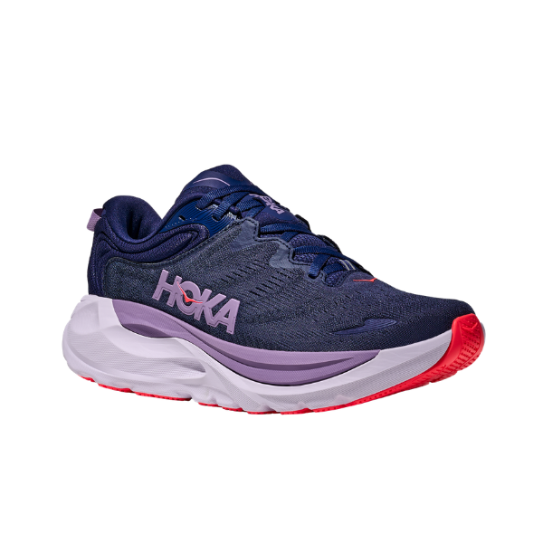 HOKA Women's Gaviota 6 in Midnight Blue/Navy offers stability and support for overpronation, with pink and white accents.
