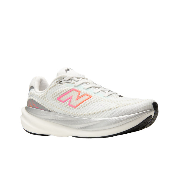 New Balance Women's 1080V15 White/Pink running shoe with mesh upper, pink-orange N logo, and cushioned sole, side view.
