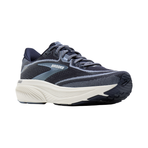 BROOKS Women's Ghost 18 Navy/White: Road-running shoe with soft cushioning, mesh upper, and lace-up closure.
