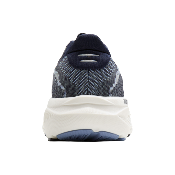 Rear view of the Brooks Women's Ghost 18 Navy/White road-running shoe with soft cushioning and a thick sole.