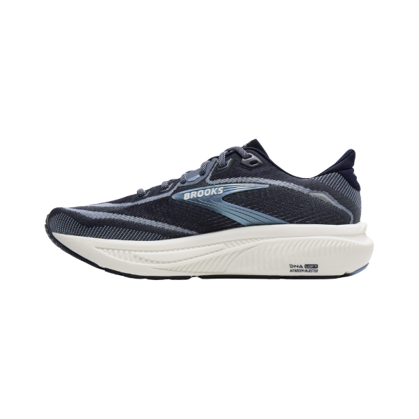 BROOKS Women's Ghost 18 Navy/White running shoe with soft cushioning and light blue road-running accents.