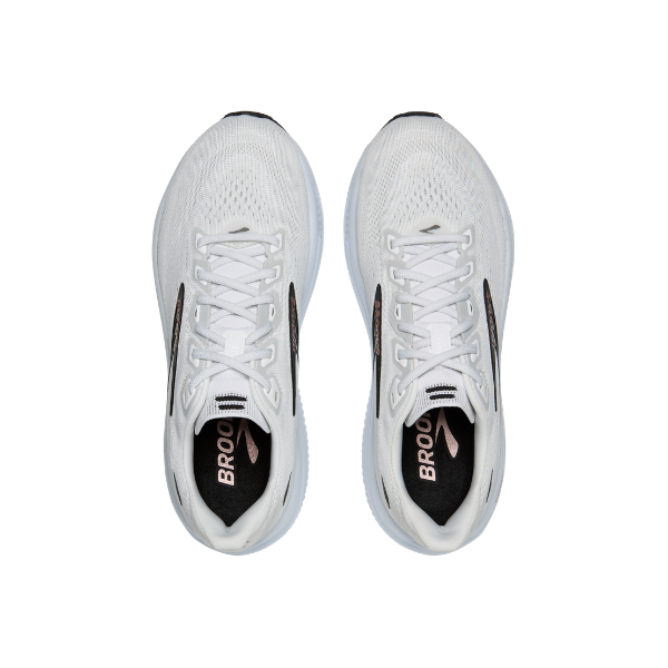 Top view of BROOKS Women's Ghost 18 White/Black road-running shoes side by side on a white background.