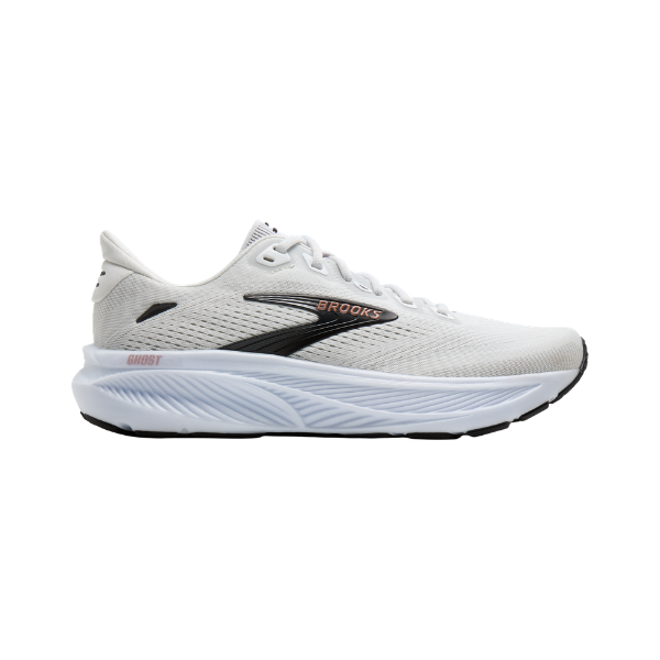 BROOKS Women's Ghost 18 White/Black road-running shoe with mesh upper, soft cushioning, and black/gold logo accents.