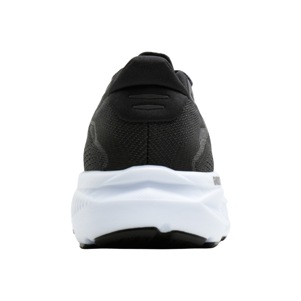 Rear view of the BROOKS Women's Ghost 18 Black/White Wide with soft cushioning and a thick white sole.