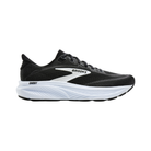 BROOKS Women's Ghost 18 Black/White Wide running shoe, soft cushioning, white sole, GHOST heel text, side view.