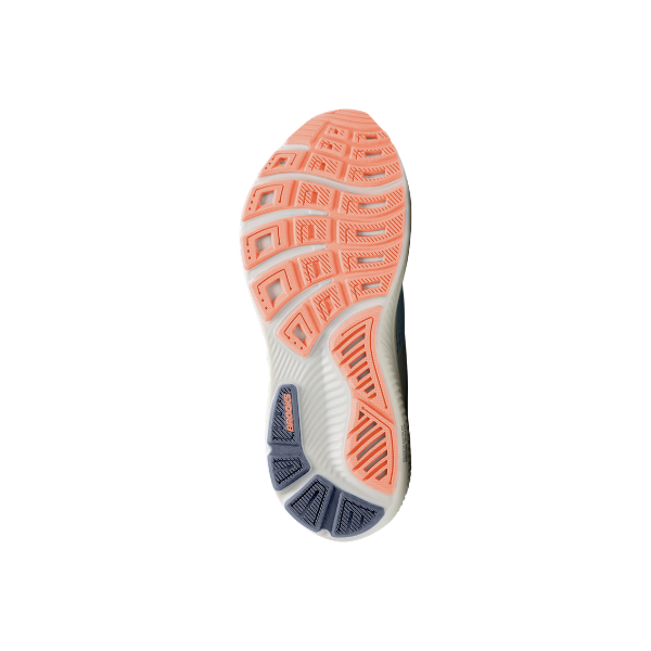 White and peach BROOKS Ghost 18 women's road-running shoe sole with soft cushioning, viewed from the bottom.