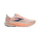 Brooks Women's Ghost 18 road-running shoe in White/Peach with soft cushioning, side profile view.