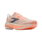 BROOKS Women's Ghost 18 running shoe in white/peach with soft cushioning and coral, dark blue accents, side view on white.