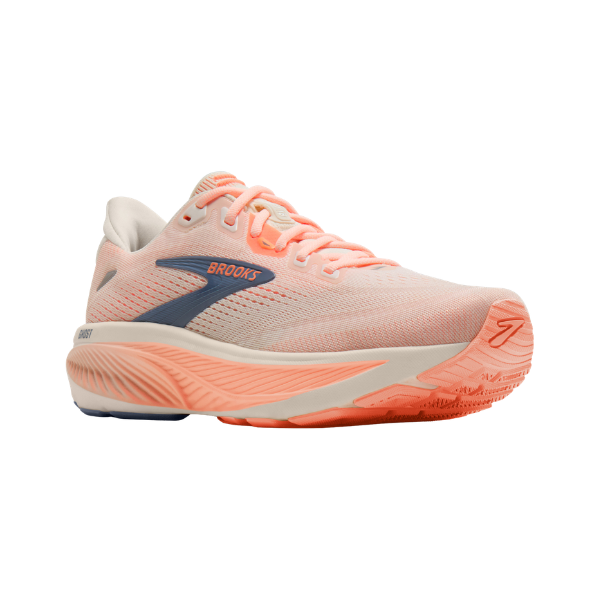 BROOKS Women's Ghost 18 running shoe in white/peach with soft cushioning and coral, dark blue accents, side view on white.