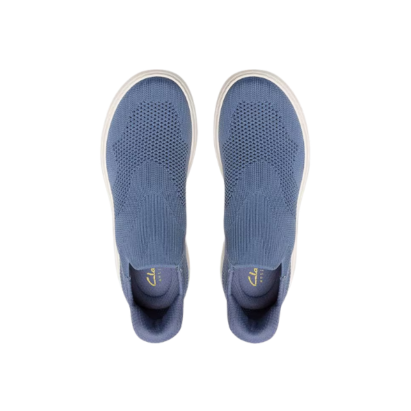 Clark's Women's Nalle Step Grey/Blue slip-on sneakers by CLARKS with knit uppers and white soles, top view.