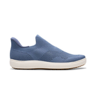 CLARKS Clark's Women's Nalle Step Grey/Blue slip-on sneakers with knit upper and white sole, side view.