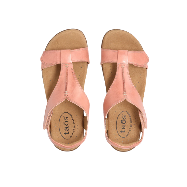 TAOS Taos Women's The Show Blush Pink leather sandals with arch support and tan soles, seen from above on white.