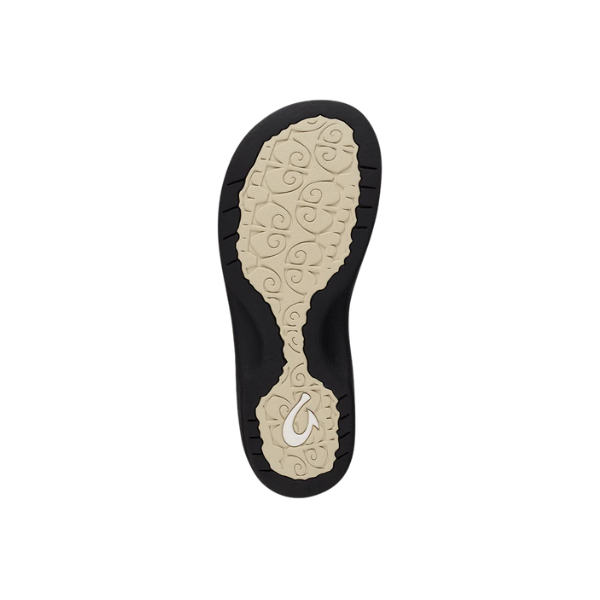 Beige and black sole with swirl patterns and curved logo, inspired by OLUKAI Women's Ohana Tapa sandals.