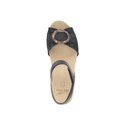 DANSKO Women's Stella Black open-toe sandal with woven upper, round buckle, and beige insole, top view.