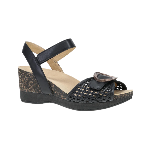 Dansko Women's Stella Black sandal by DANSKO features a woven wedge, ankle strap, and buckle detail.