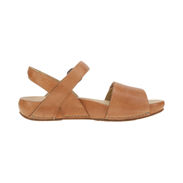 Dansko Women's Tinsley Natural sandal in brown leather with open toe, crisscross ankle strap, and flat sole, side view.