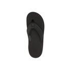 The OLUKAI Men's Ahi Kai Black/Black flip-flop features a textured strap, wet grip outsole, and hook logo on the footbed.