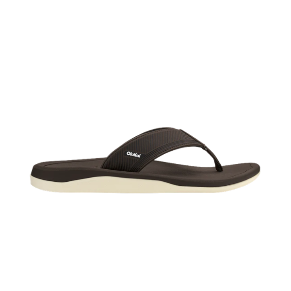 OLUKAI Men's Ahi Kai flip-flop sandal in Dark Java/Dark Java with wet grip outsole, shown in side profile view.