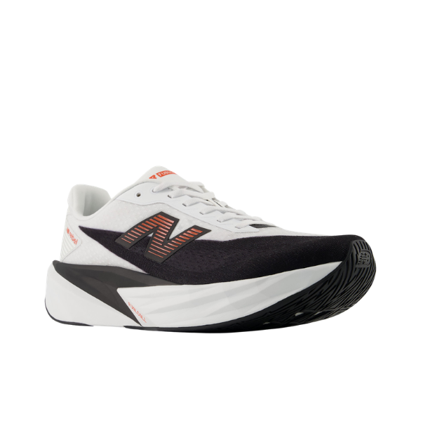 New Balance Men's Rebel V5 White/Flame running shoes with FuelCell midsole and bold N logo on the side.