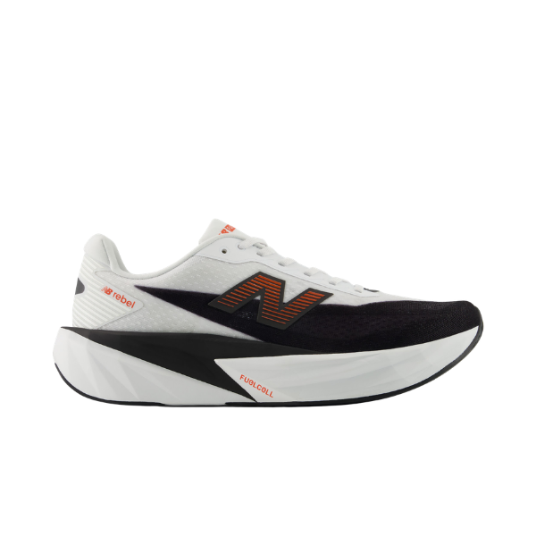 New Balance Men's Rebel V5 White/Flame running shoes with FuelCell midsole for responsive cushioning.
