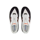 Top view of New Balance Men's Rebel V5 White/Flame with laces, FuelCell midsole, and branded insoles on white background.