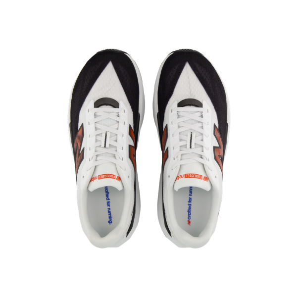 Top view of New Balance Men's Rebel V5 White/Flame with laces, FuelCell midsole, and branded insoles on white background.