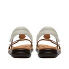 Back view of Clarks Women's Kitly Gem Wide White sandals with adjustable straps, brown soles, and Contour Cushion footbed.