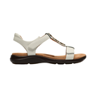 CLARKS Kitly Gem Wide White sandal: open-toe, adjustable straps, low black sole, metal detail on upper.
