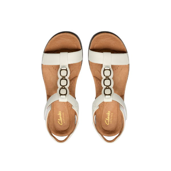 CLARKS Kitly Gem Wide White sandals for women with ankle straps and Contour Cushion footbed, viewed from above.