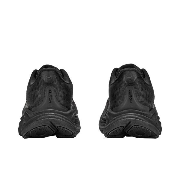 HOKA Men's Clifton 11 Black/Black cushioned running shoes shown from the back on a white background.