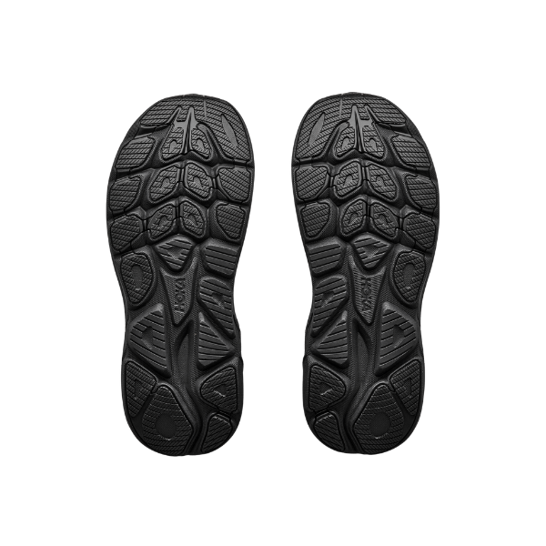Pair of black outsoles from HOKA Men's Cliftton 11 Black/Black, shown bottom-up on a white background.