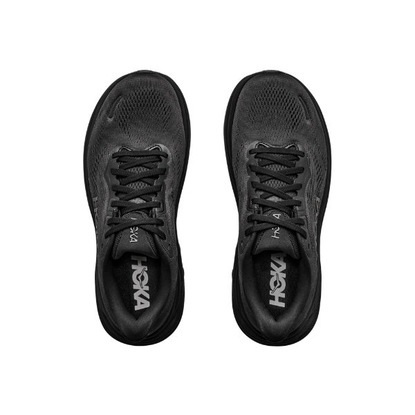 Top view of HOKA Men's Clifton 11 Wide Black/Black, a cushioned trainer with black laces on a white background.