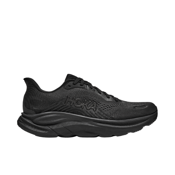 HOKA Men's Clifton 11 Black/Black cushioned running shoe with thick sole, shown from the left side.